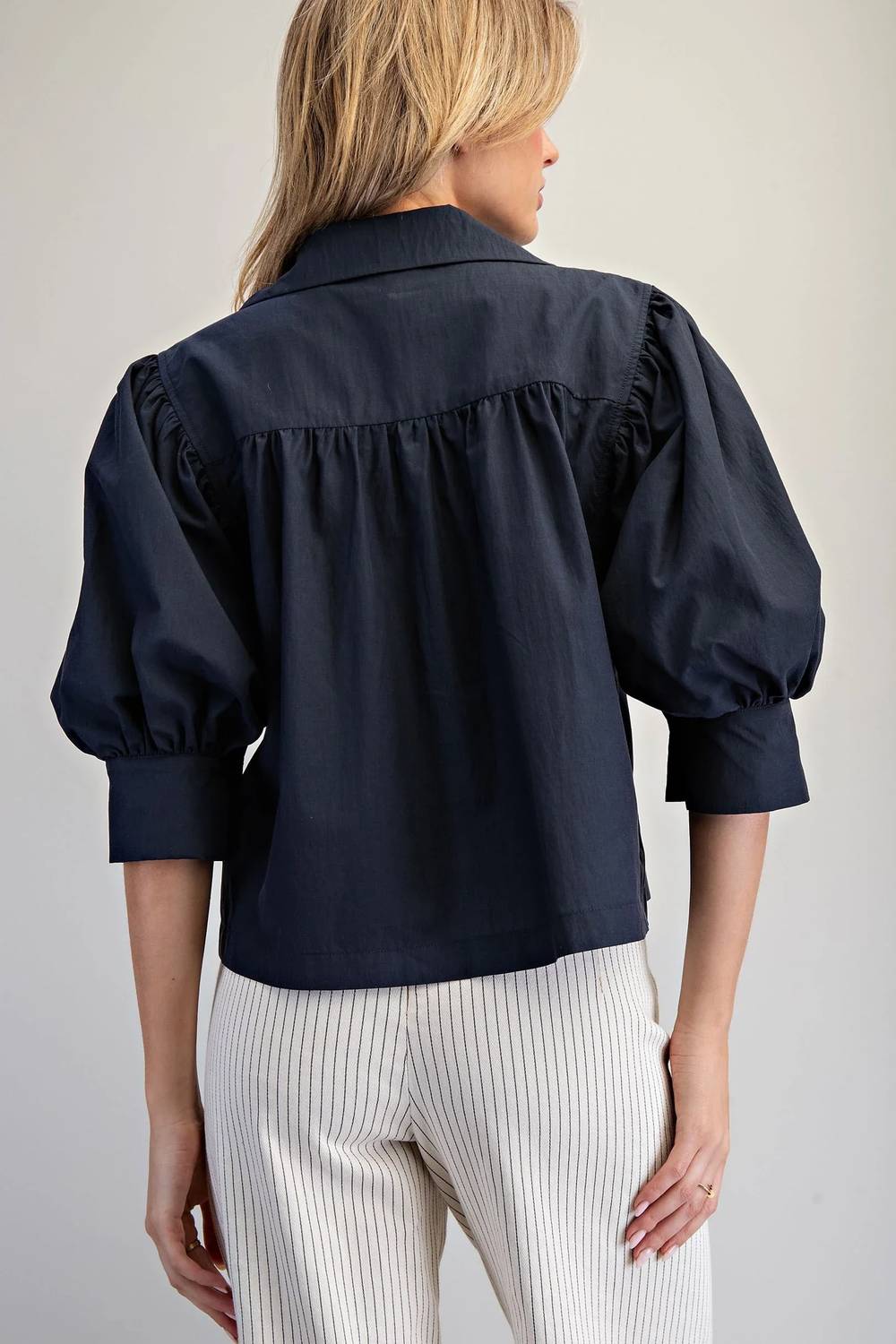 Ee:Some - Solid Puff Sleeve Button Down Blouse