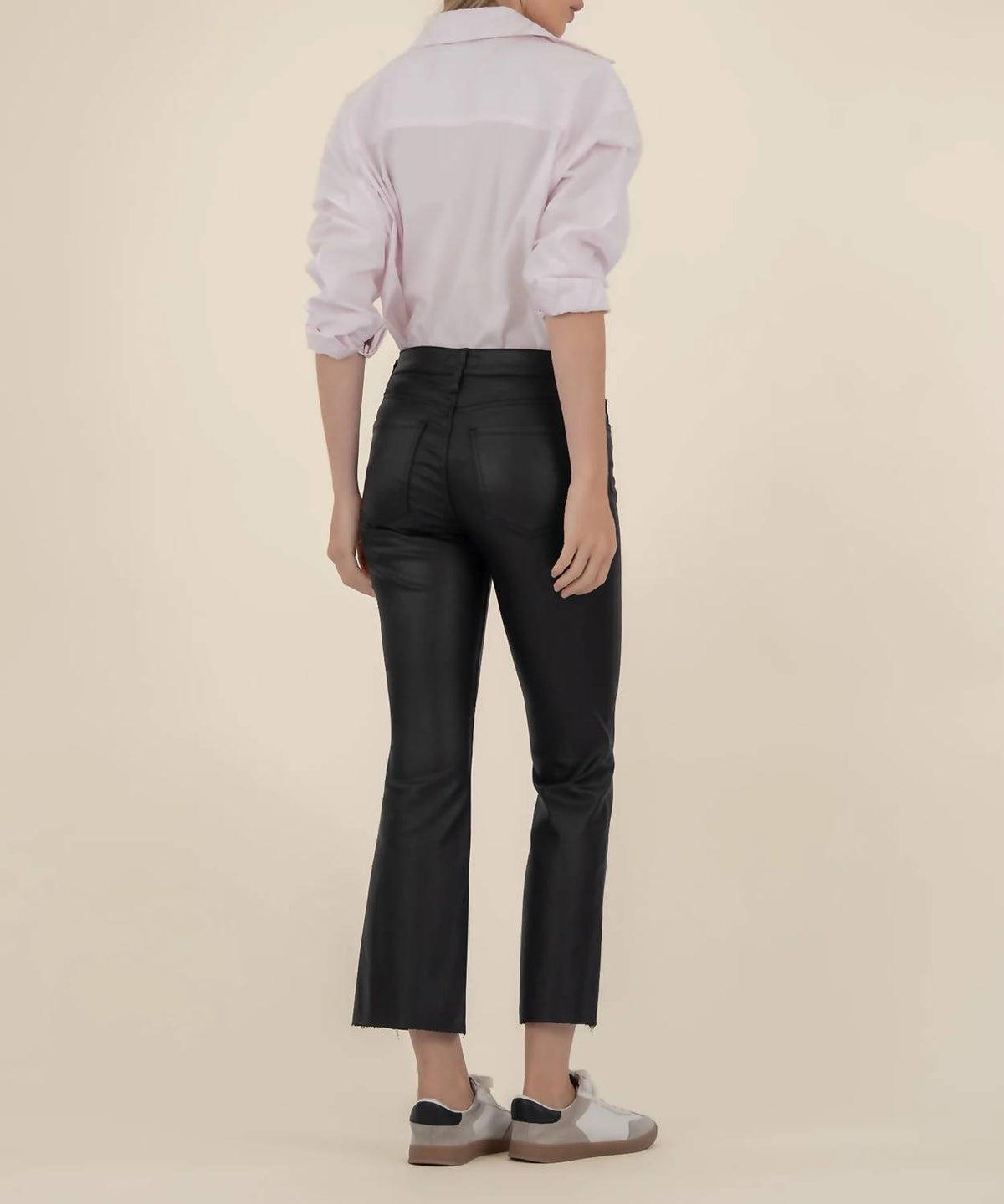 KUT FROM THE KLOTH Kelsey Coated Ankle Flare Pants With Raw Hem in black - women's pants - detail view