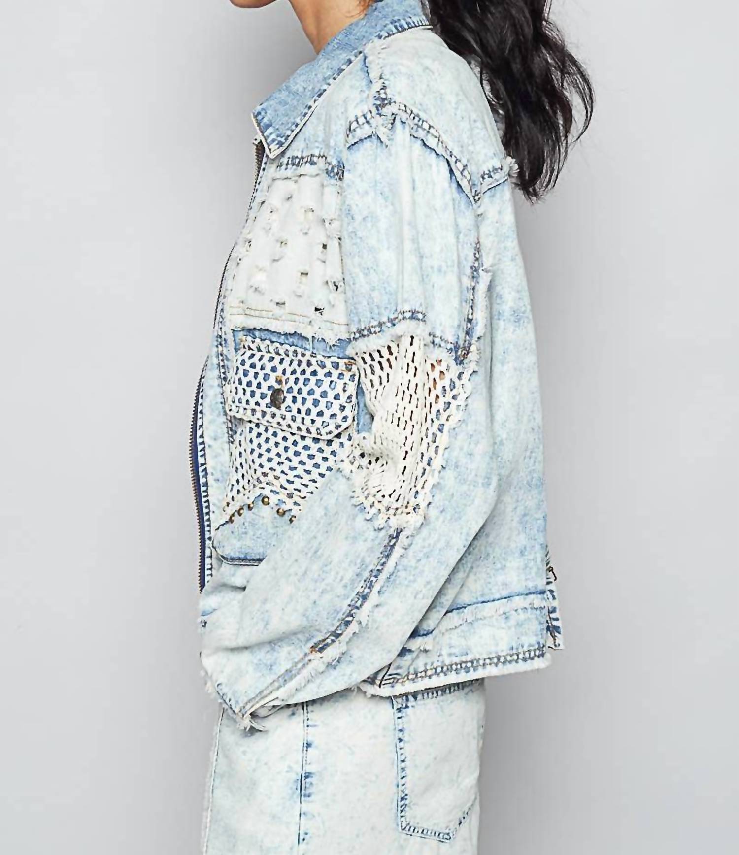 POL Long Sleeve Stud 3d Cargo Pockets Denim Jacket in multi - women's jacket - detail view