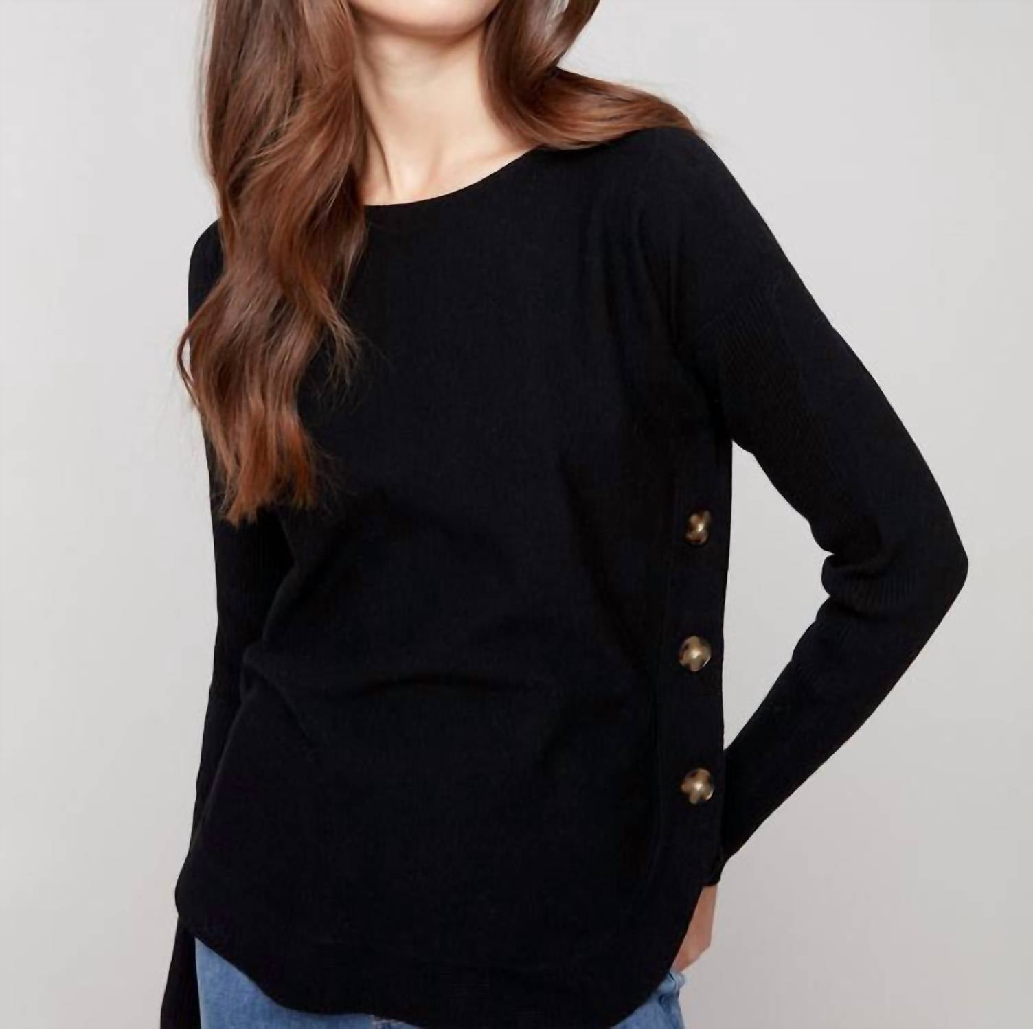 CHARLIE B Boat Neck Sweater With Buttons in black - women's sweater - alternate view
