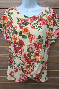 Moa Moa - Women's Cream Floral Front Knot Tee