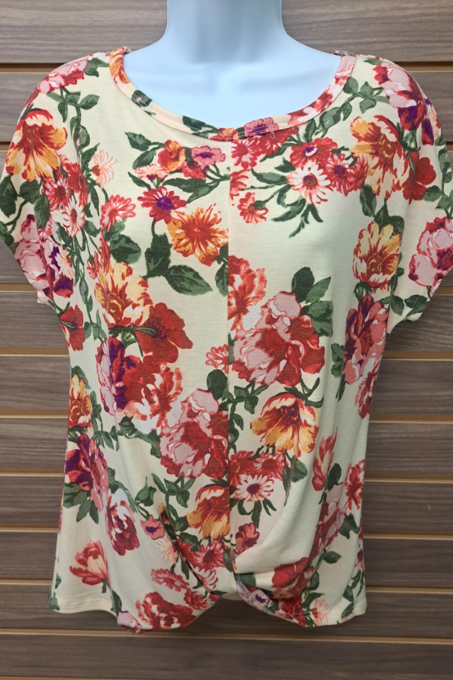 Moa Moa - Women's Cream Floral Front Knot Tee