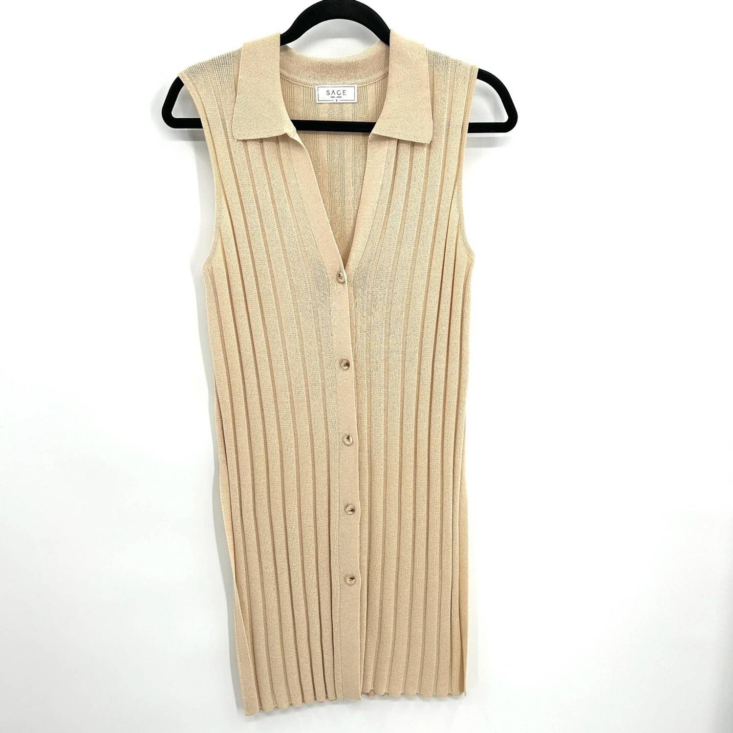Sage The Label - Women's Ribbed Button Up Collared Long Sleeveless Cardigan