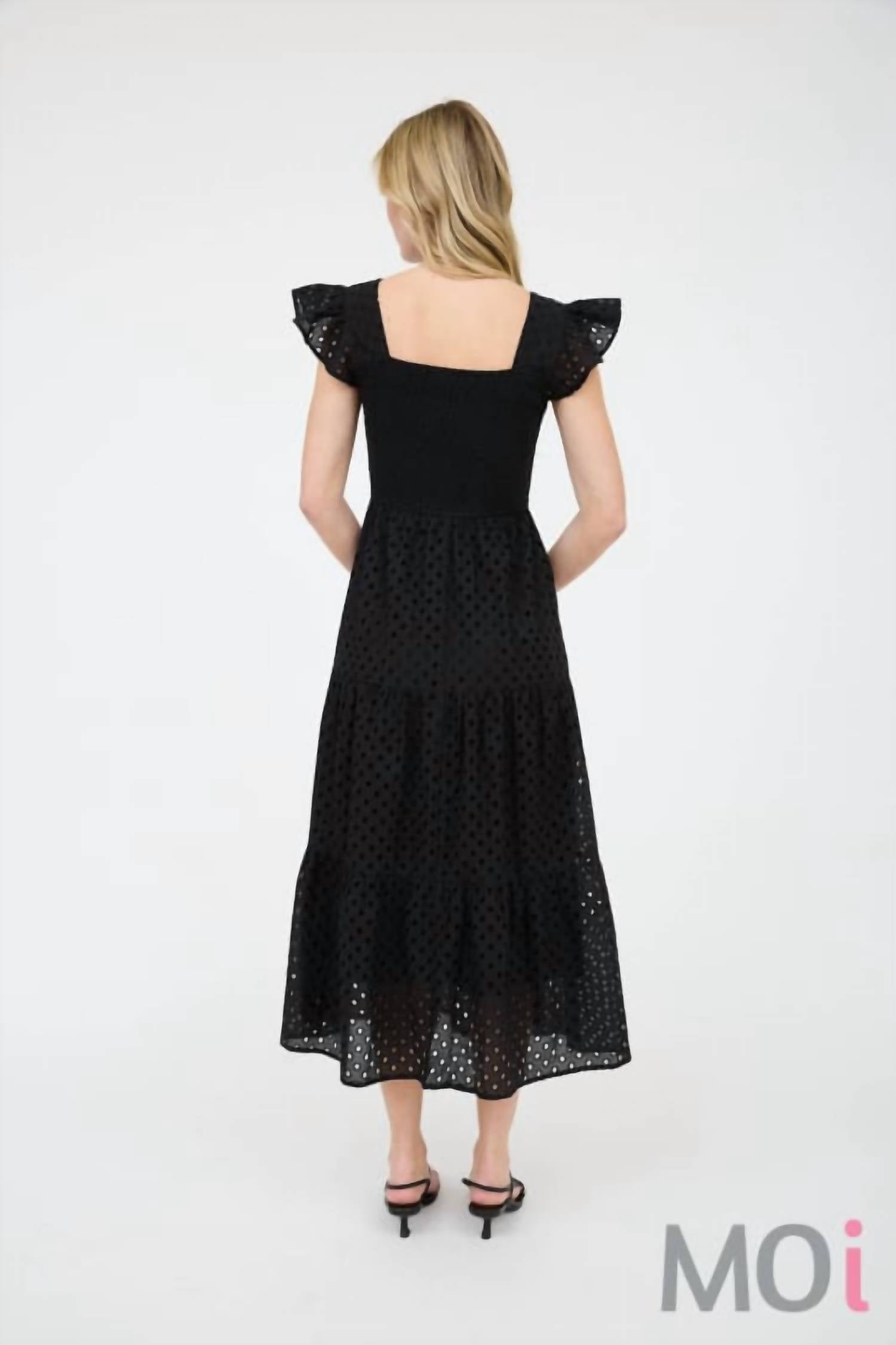 Mine - Eyelet Square Neck Smocked Tiered Midi Dress