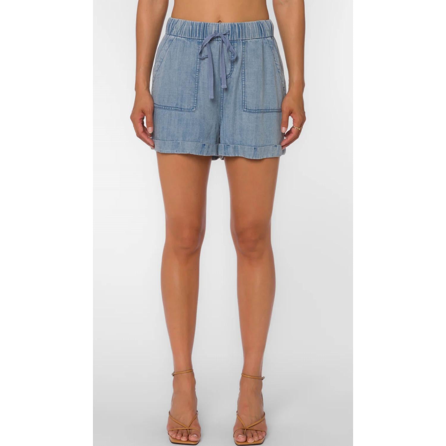 Velvet Heart Lyra Stone Shorts in light denim - women's shorts - detail view