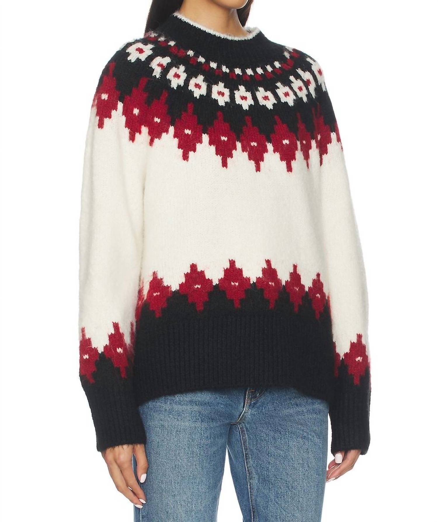 PISTOLA Astrid Pullover Sweater in white oxblood fair isle - women's sweater - detail view