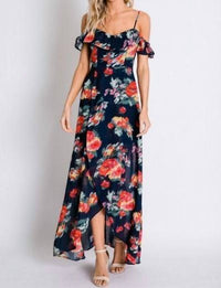 Davi & Dani - Floral Print Ruffle Cold Shoulder Tulip Dress