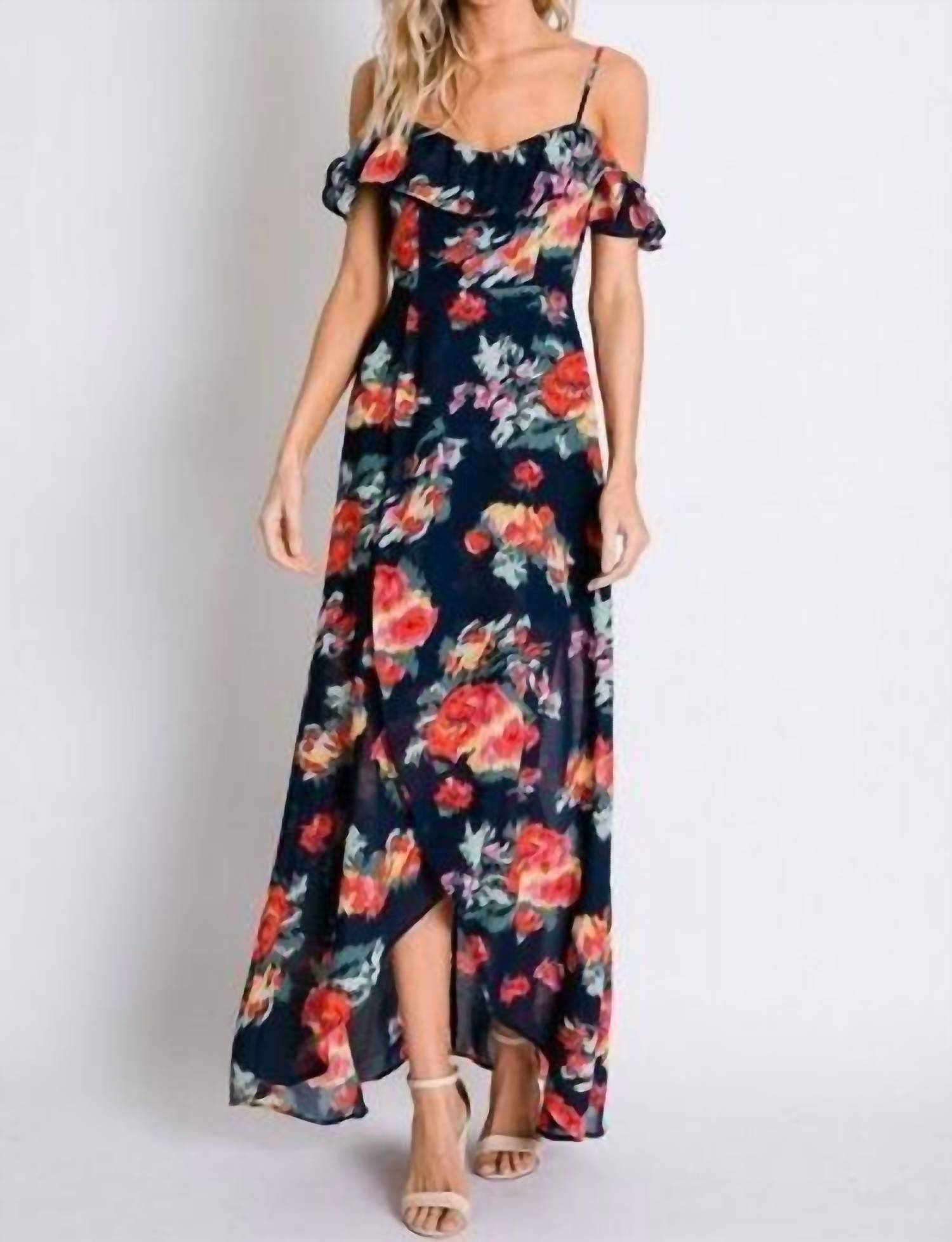 Davi & Dani - Floral Print Ruffle Cold Shoulder Tulip Dress