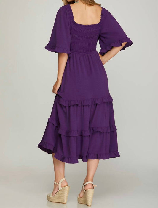 She + Sky - Bell Sleeve Square Neck Smocked Tiered Midi Dress