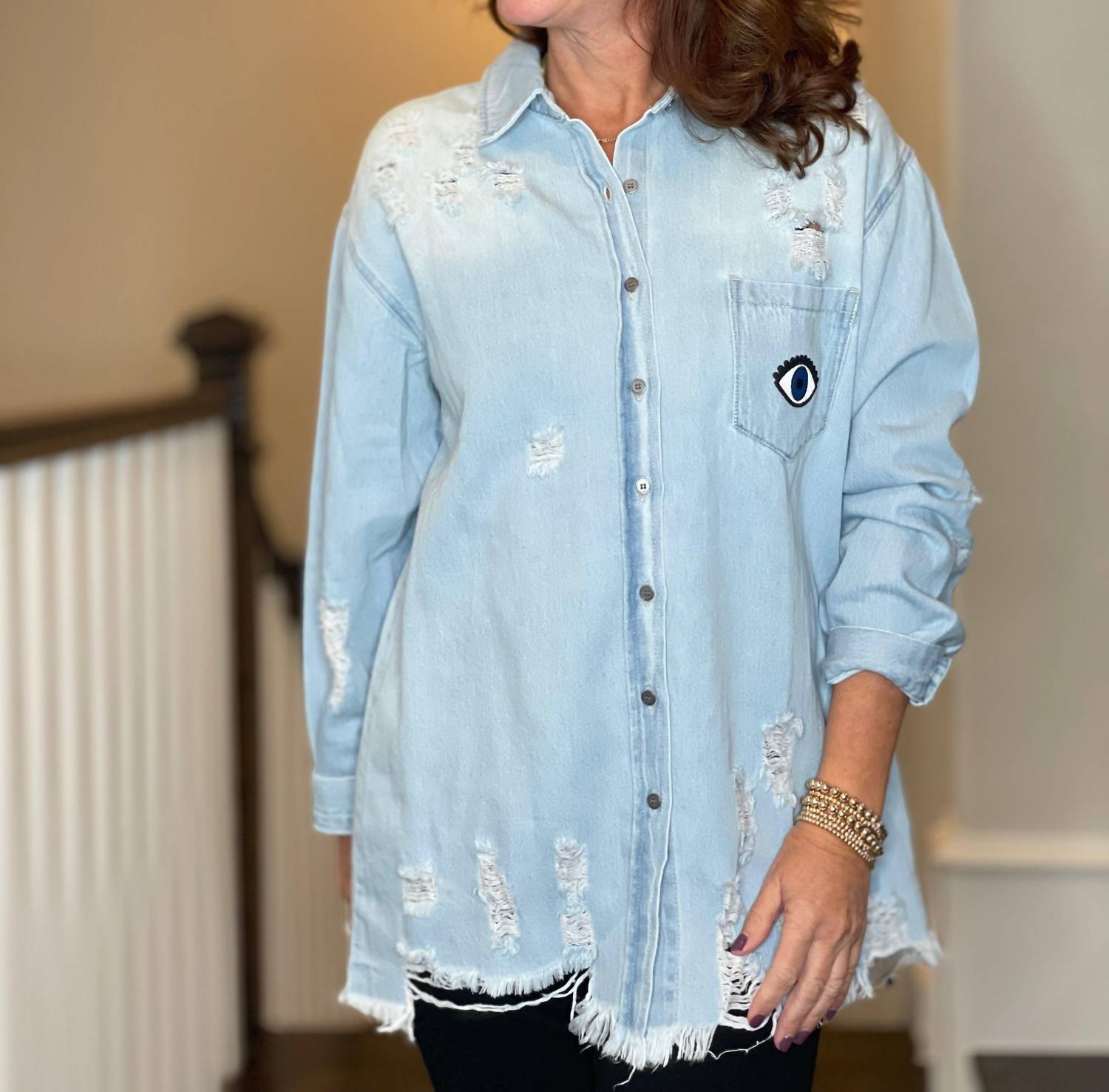 Moving Forward - Distressed Denim Shacket