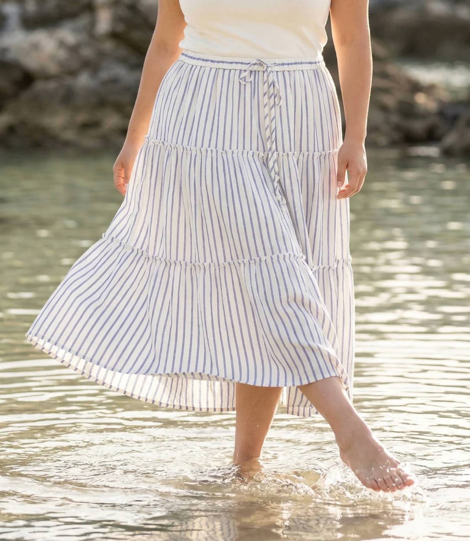 Karen Kane - Stripe Tiered Midi Skirt - Plus