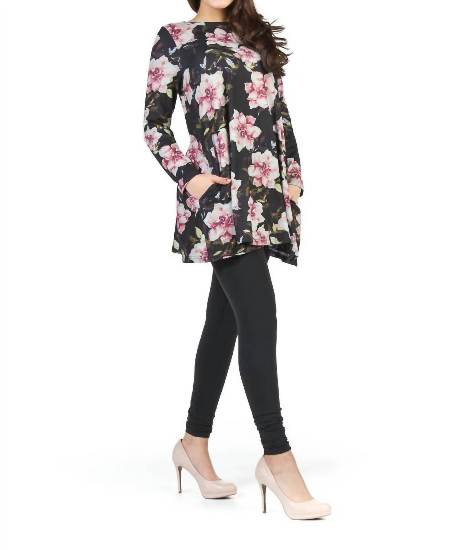 Papillon - Floral A-line Sweater Dress With Pockets