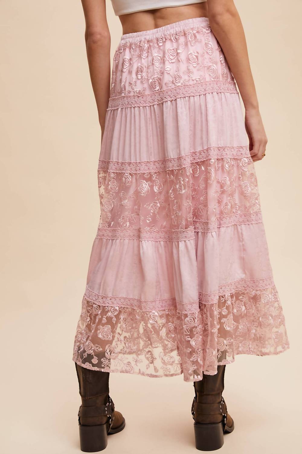 Listicle - Floral Embroidered Tiered Maxi Skirt