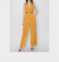 Ina Fashion - Satin V-Neck Side Pockets Cargo Pants Jumpsuit