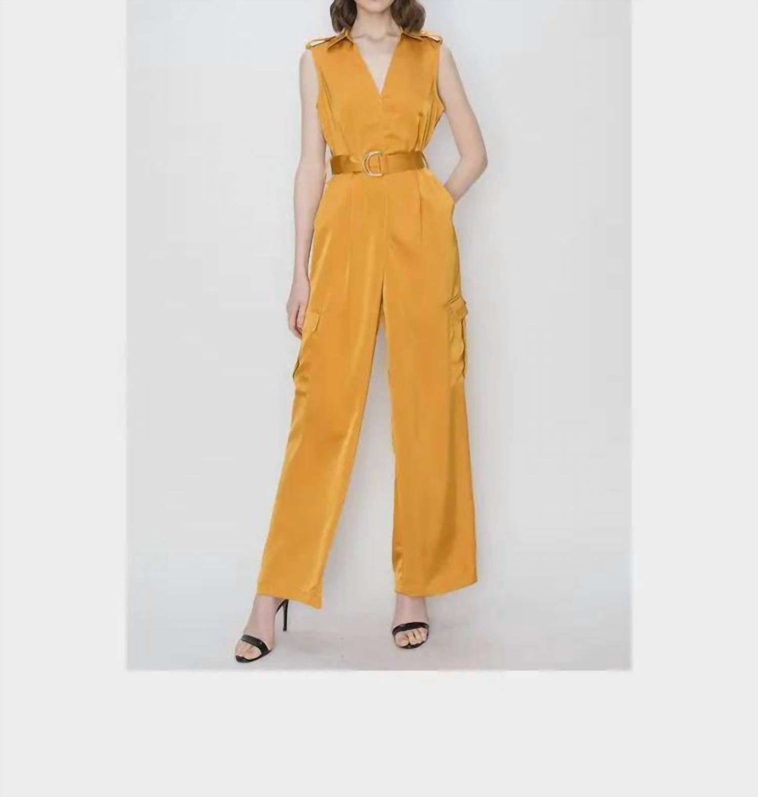 Ina Fashion - Satin V-Neck Side Pockets Cargo Pants Jumpsuit
