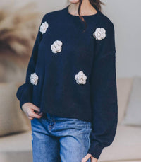 WISHLIST 3d Flower Knit Sweater in navy cream hoc winter - women's sweater - alternate view