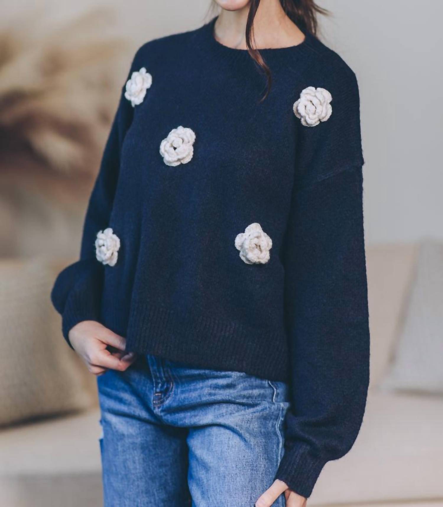 WISHLIST 3d Flower Knit Sweater in navy cream hoc winter - women's sweater - alternate view