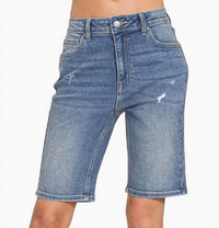 Zenana - High-rise Distressed Bermuda Denim Shorts