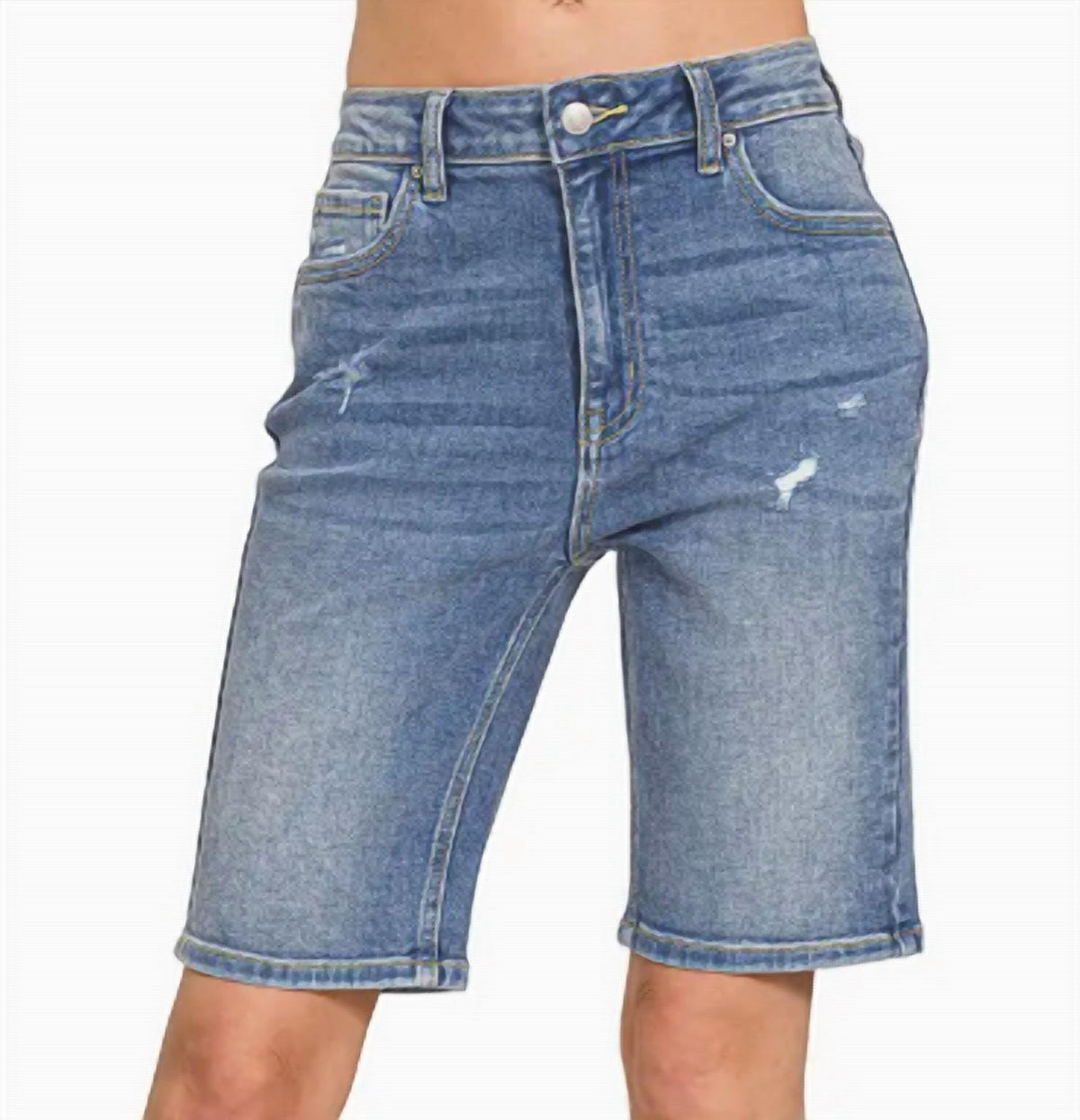Zenana - High-rise Distressed Bermuda Denim Shorts