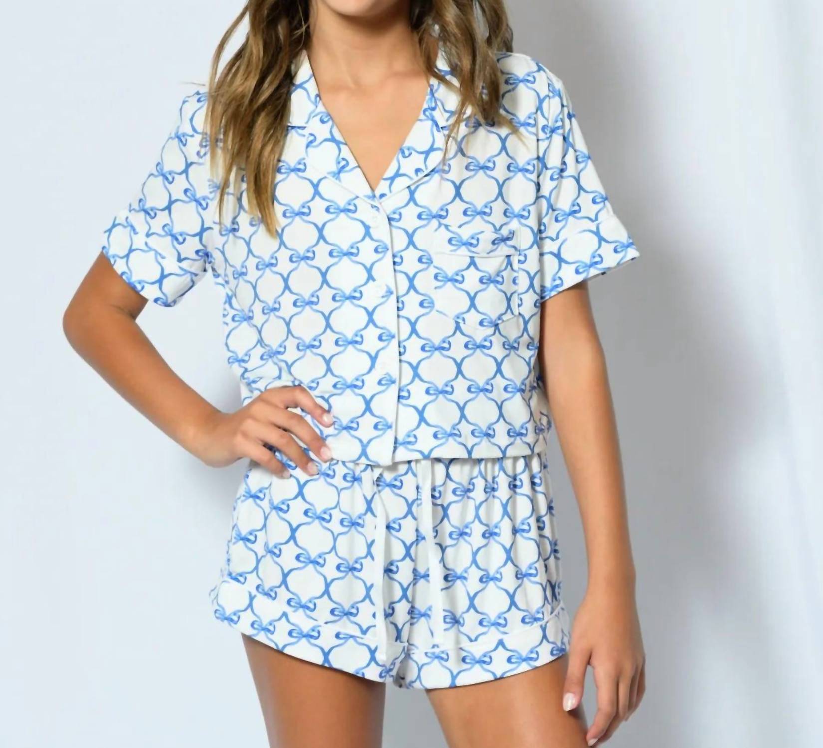 Katie J NYC Lynn Shorts Lounge Pajama Set in blue bows - kids' sleepwear