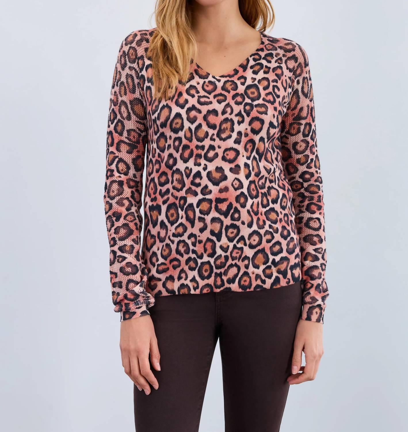 FDJ V-Neck Pointelle-Sleeve Sweater in light leopard - women's sweater