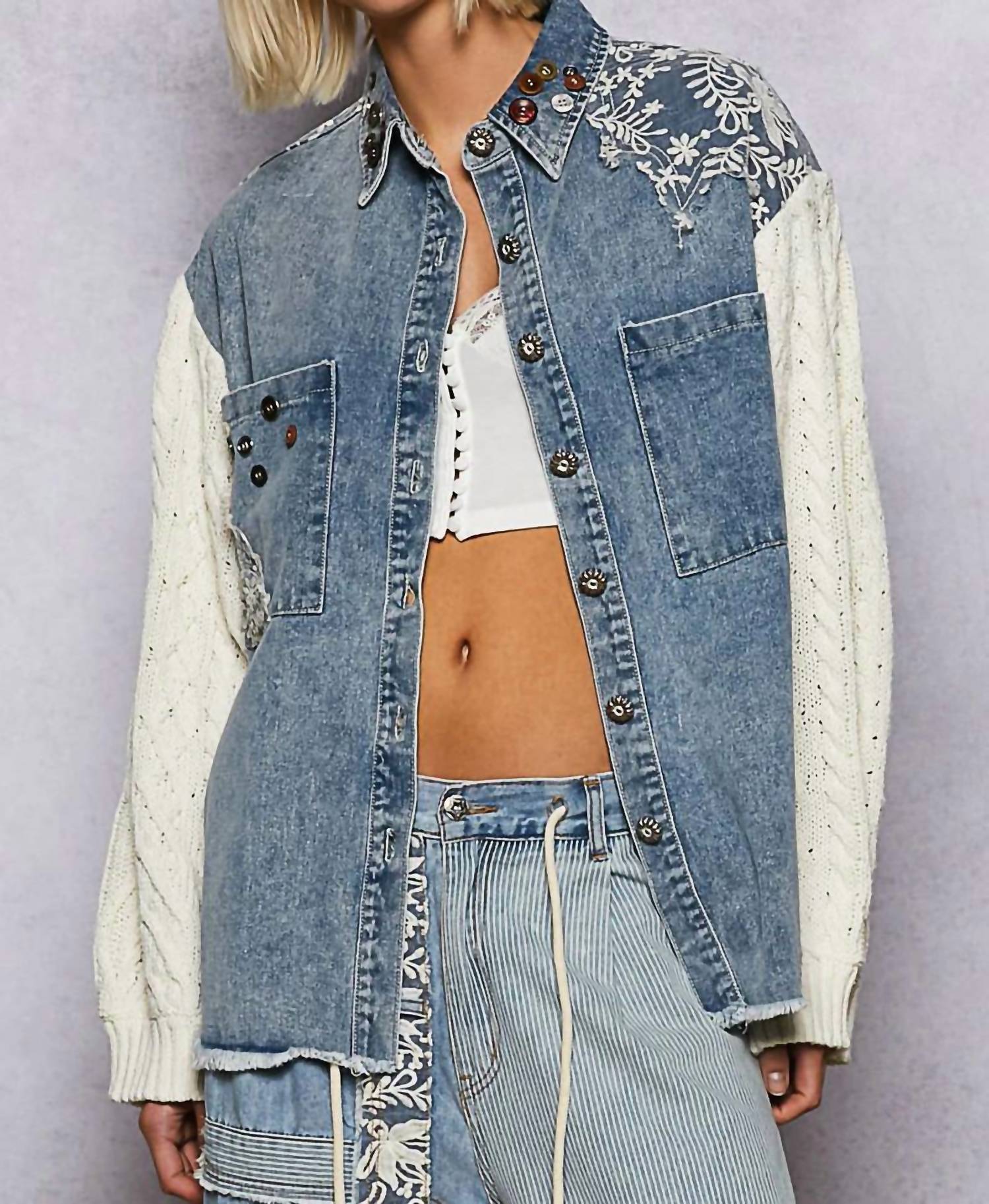 Pol - Long Sleeve Contrast Twill Lace Patch Button Up Top