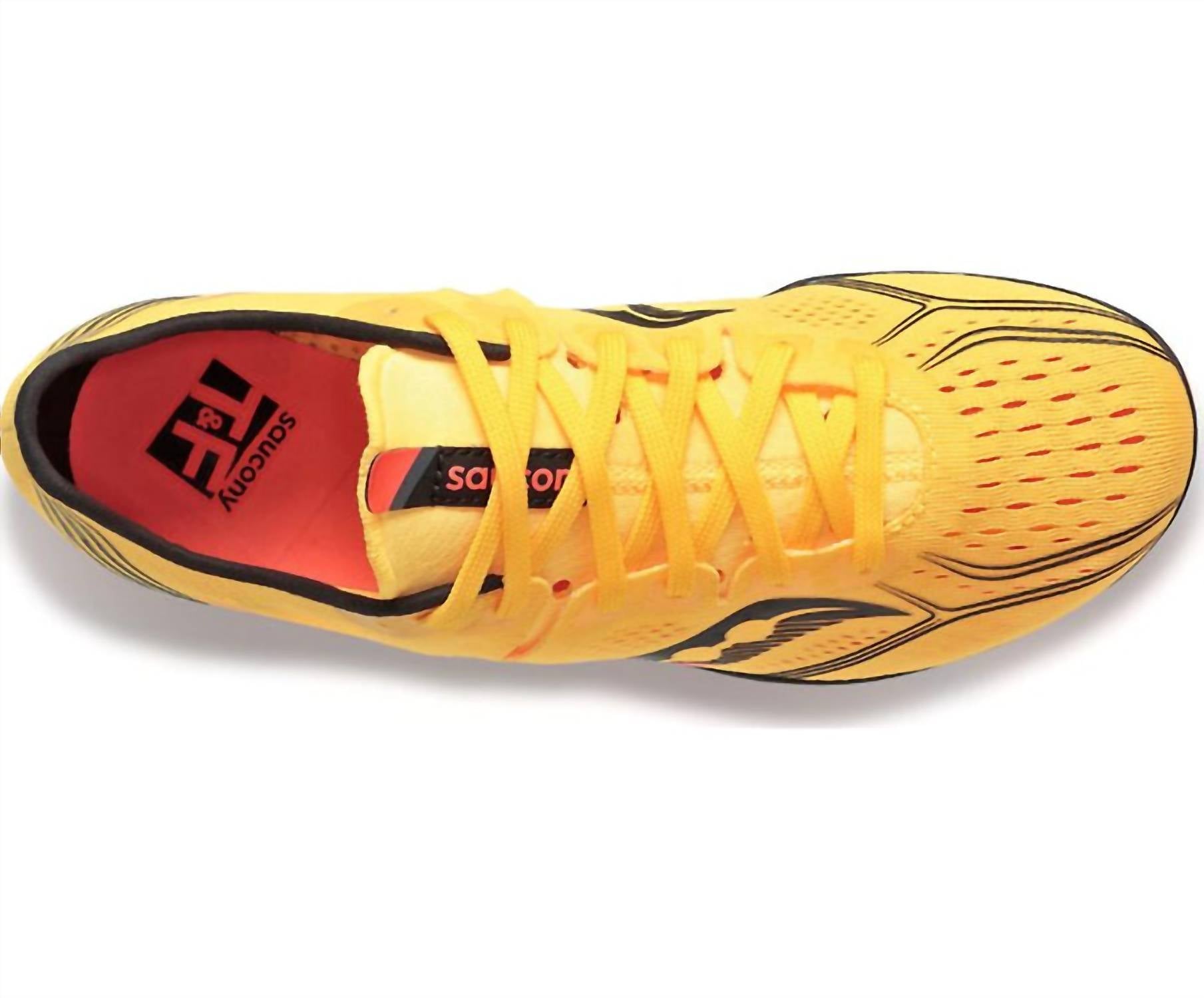 SAUCONY Women's Endorphin 3 Track Spike Shoe in 16 vizi gold vizi red - women's shoe - detail view
