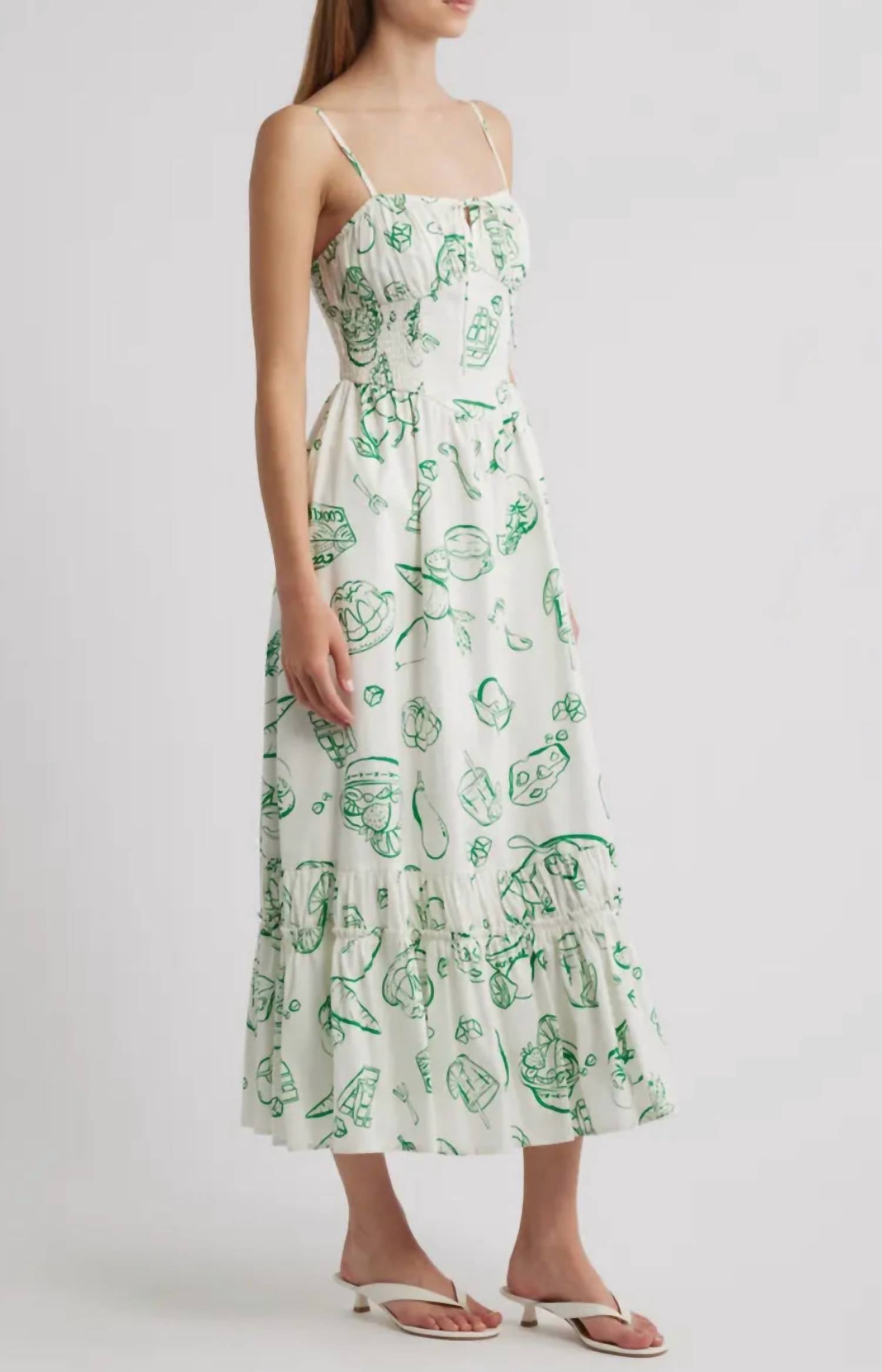 Moon River - Doodle Line Print Smocked Waist Midi Dress