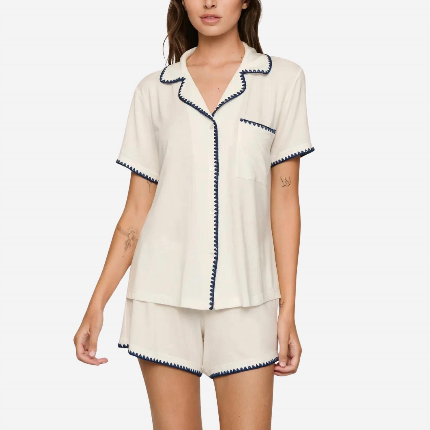 Eberjey Frida Relaxed Short Pajama Set in ivory navy - women's sleepwear