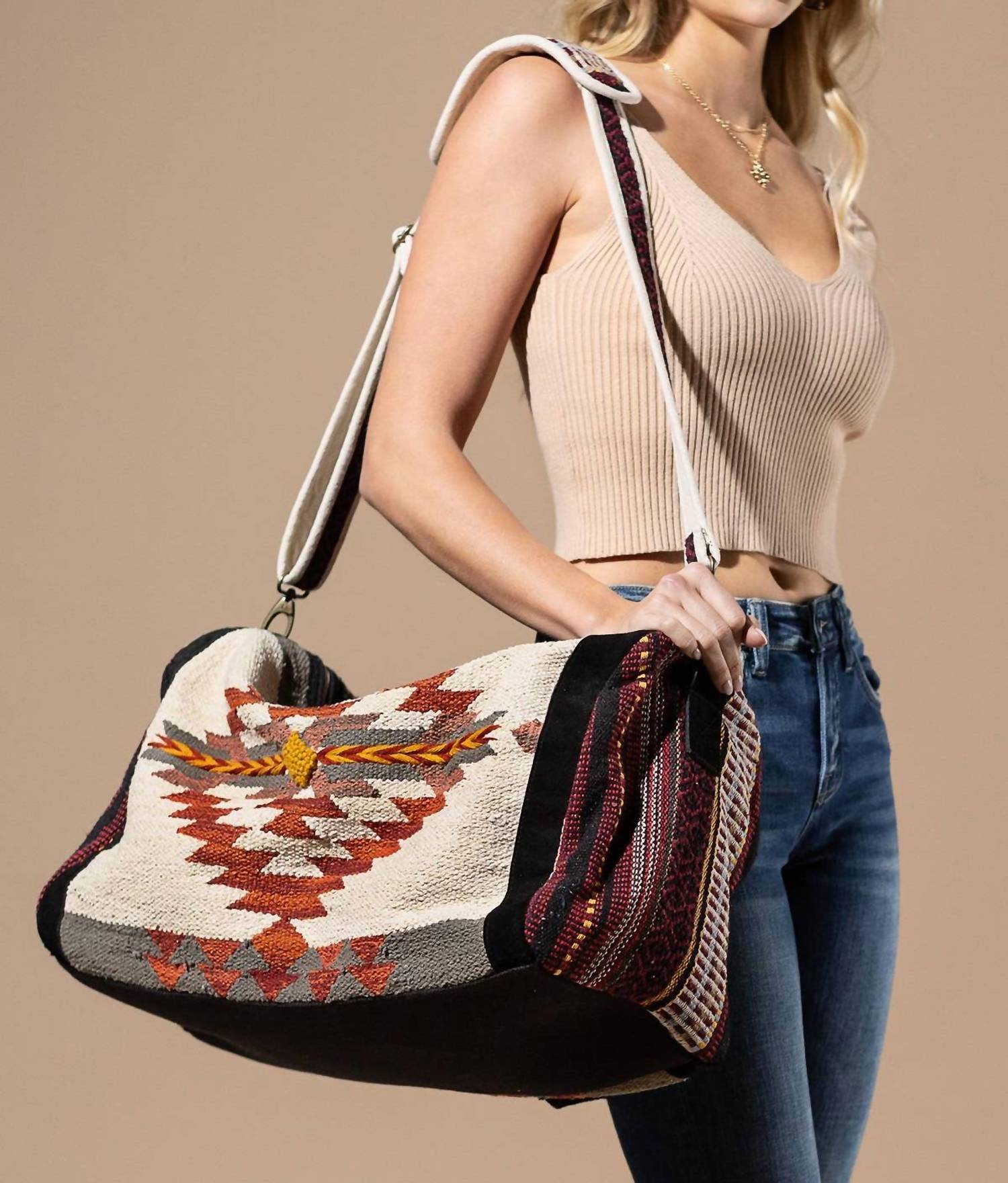 Urbanista - Women's Handwoven Navajo Pattern Duffel Bag With Suede Straps