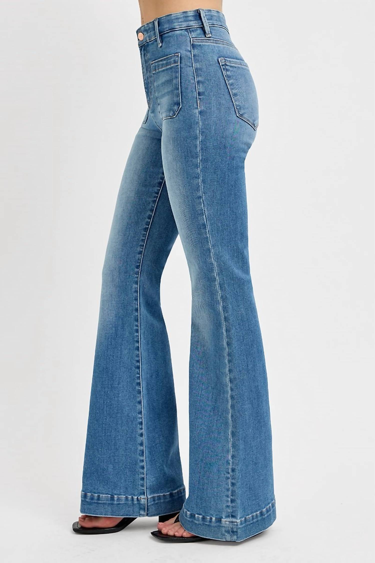 Risen - Elastic Band High Rise Flare Front Patch Pocket Jeans