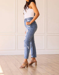 The Savannah Mid Rise Straight Fit Distressed Denim