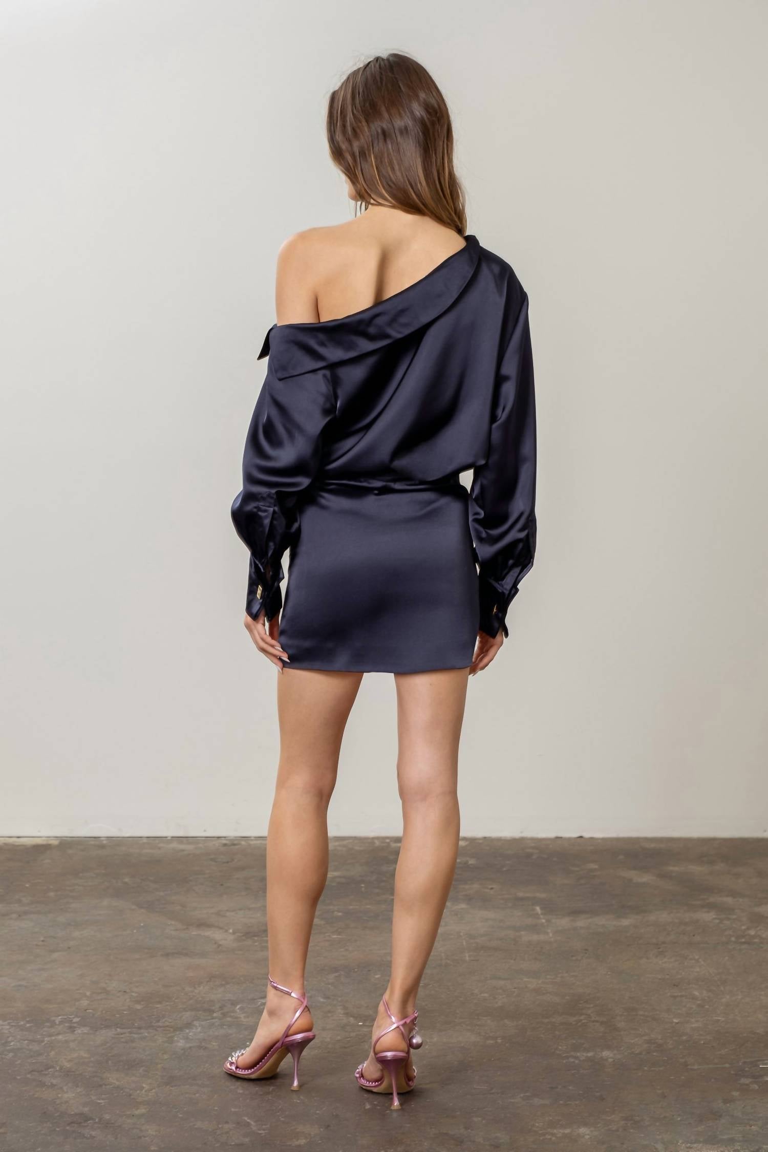 Moon River - Hannah Satin Off The Shoulder Mini Dress