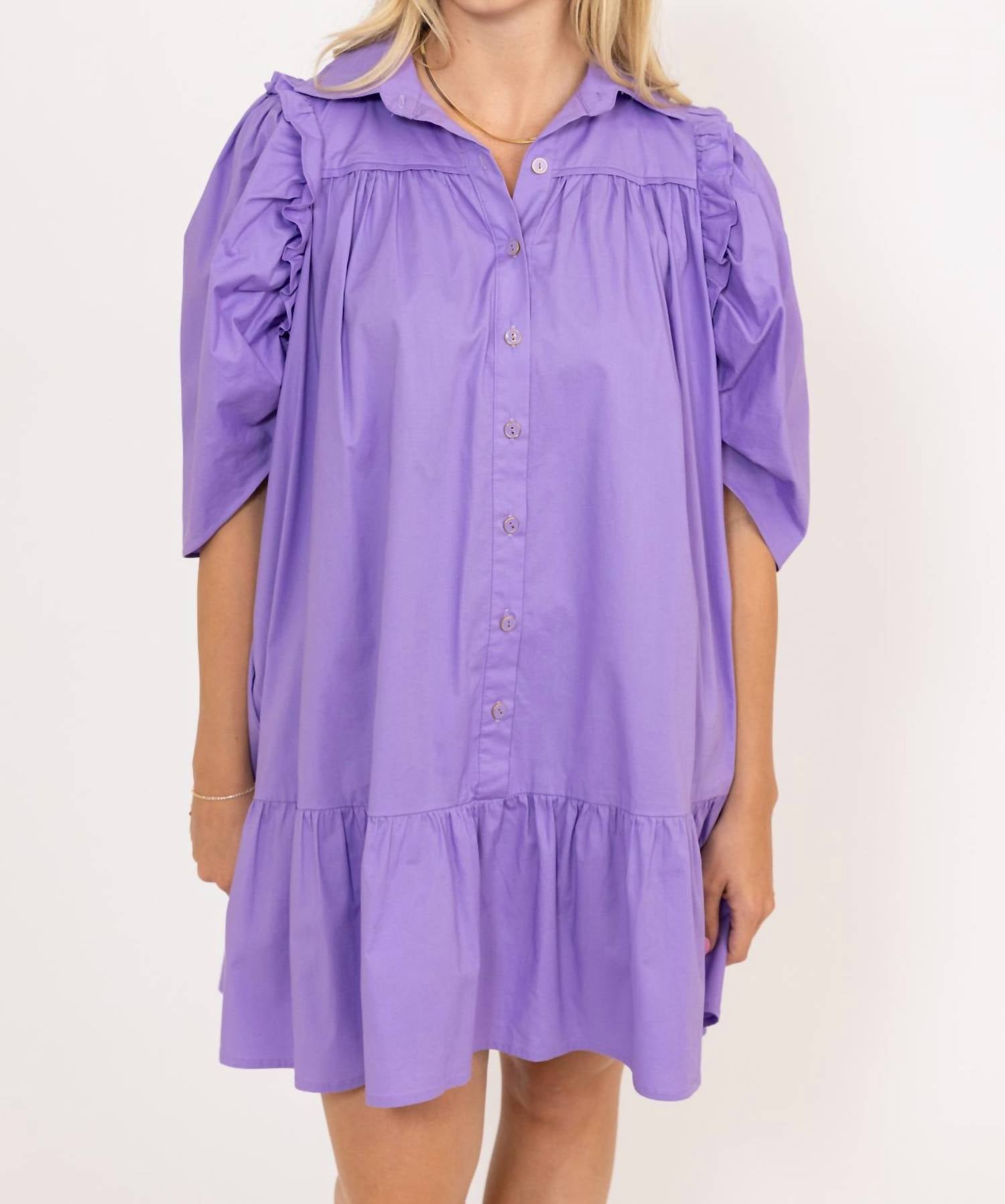 Karlie - Solid Button Puff Sleeve Ruffle Dress