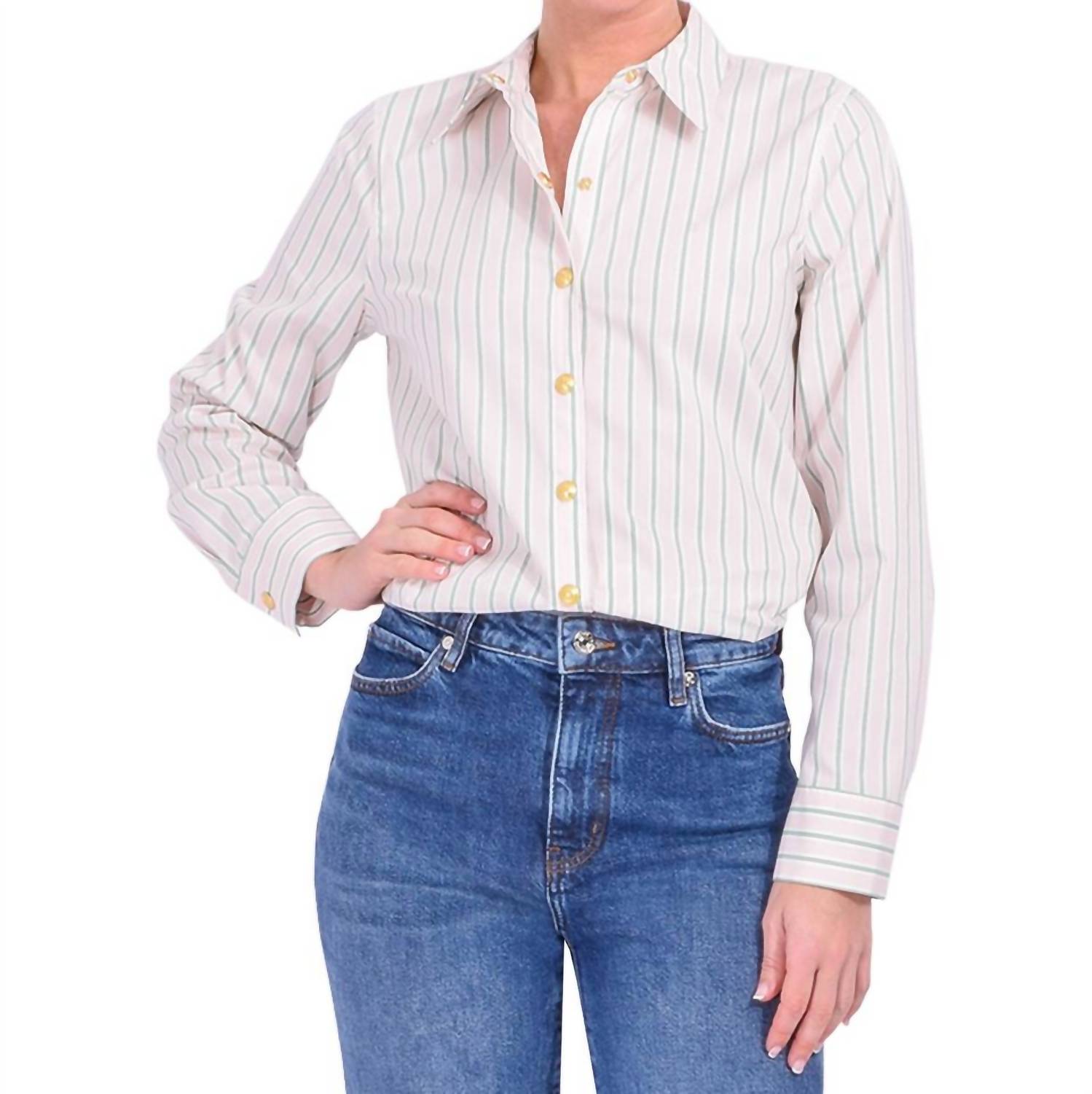 L'Agence Ellery Long Sleeve Blouse in baby pink and sage stripe - women's long sleeve top