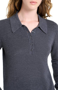 TWP Jorden Polo Top in charcoal - women's long sleeve top - detail view