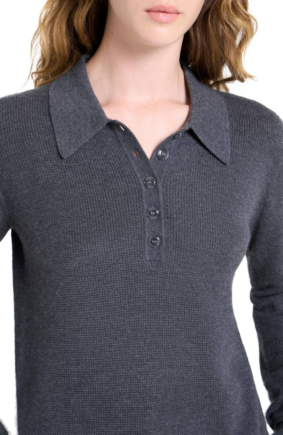 TWP Jorden Polo Top in charcoal - women's long sleeve top - detail view