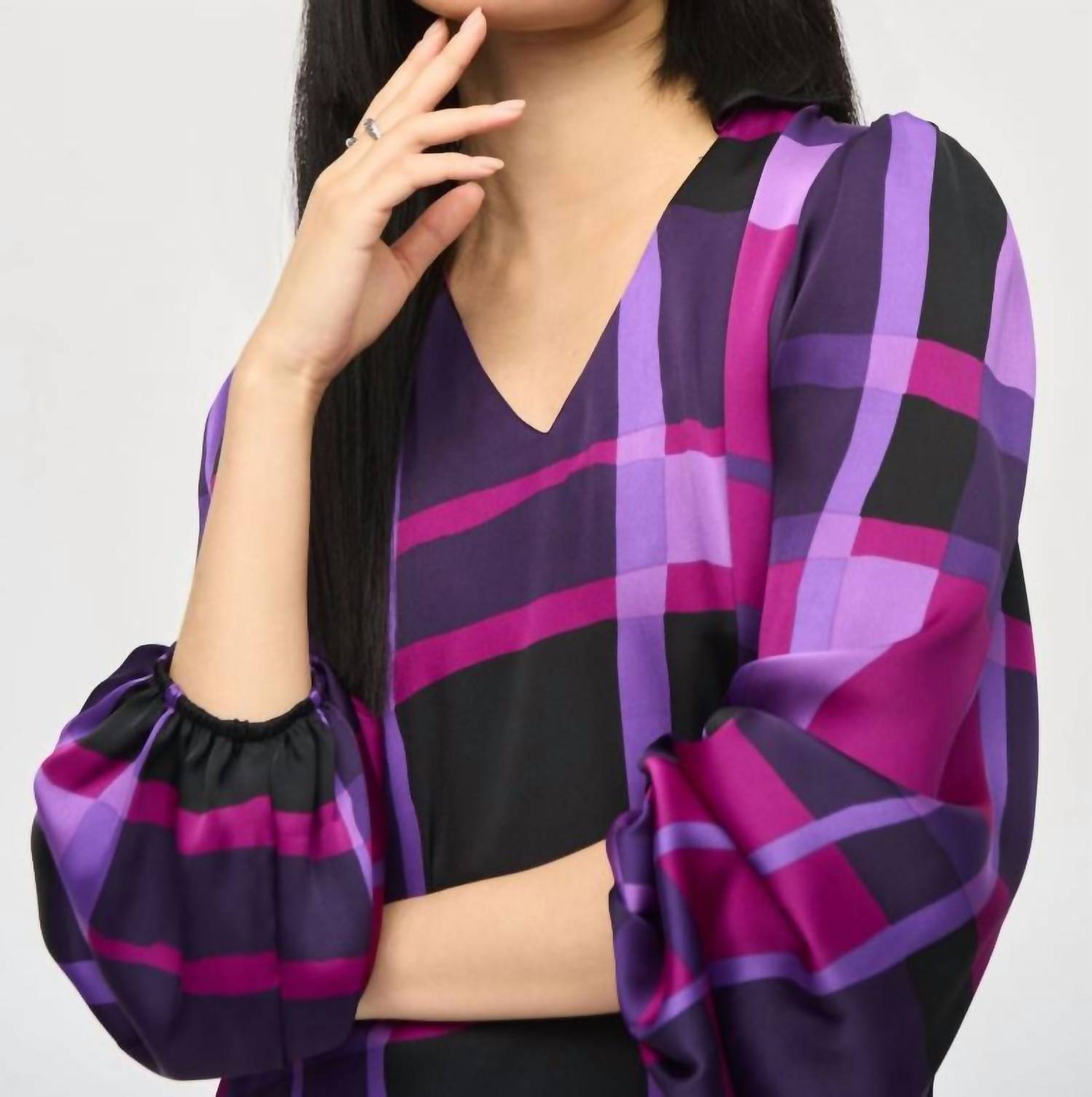 Joseph Ribkoff - Plaid Puff Sleeve Satin Top