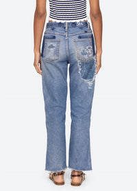 SEA Oli Distressed Mid-rise Jean in blue - women's jeans - detail view