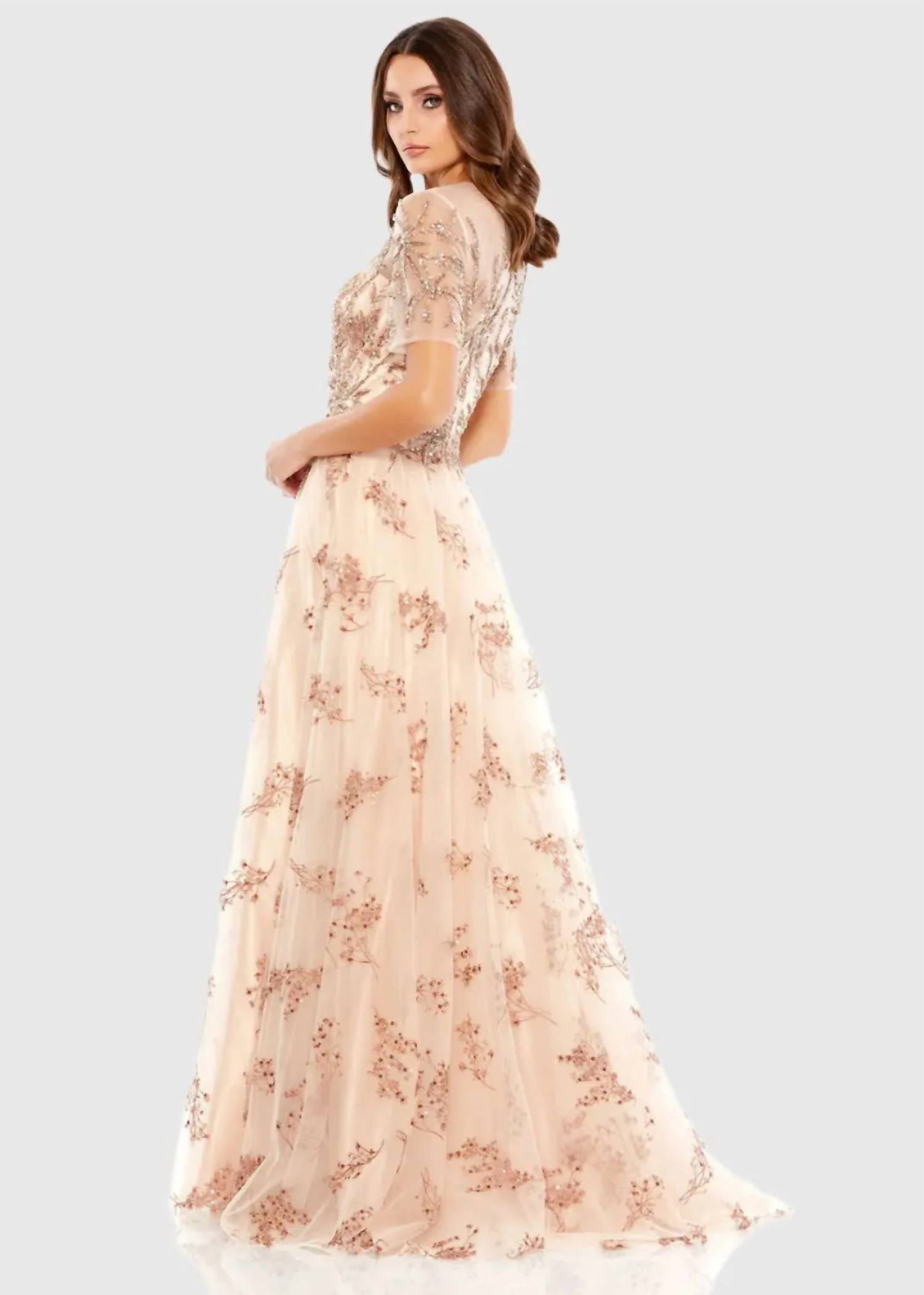 Mac Duggal - Embellished Illusion Short Sleeve A Line Gown
