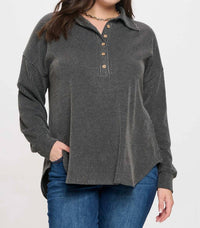 Blu Pepper - Pinstripe Collared Half Button Knit Top - Plus