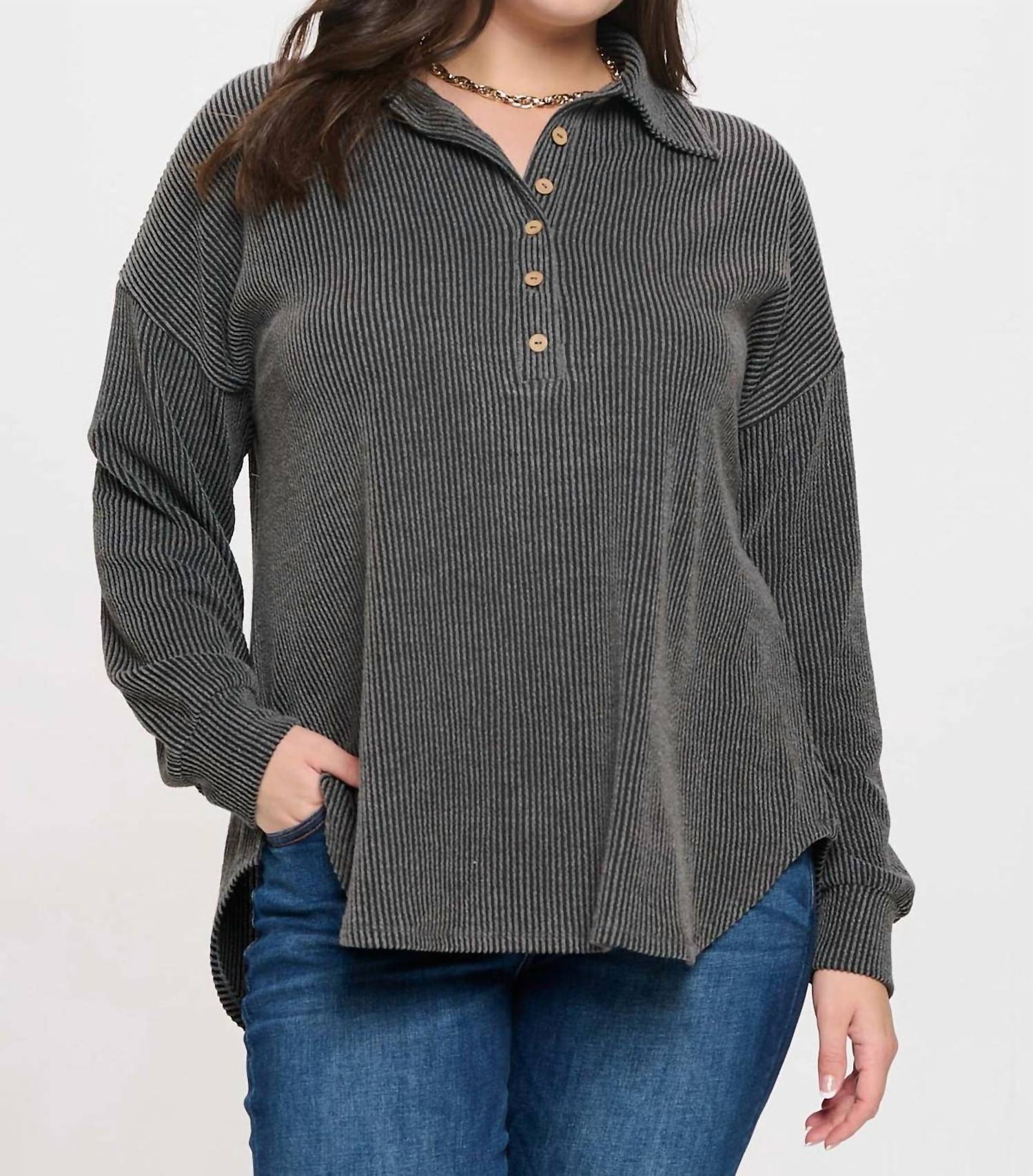 Blu Pepper - Pinstripe Collared Half Button Knit Top - Plus