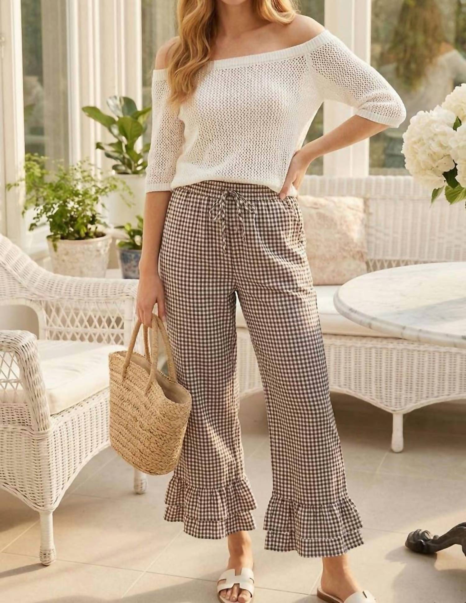 Vine & Love - Gingham Casual Ruffled Hem Cropped Pants
