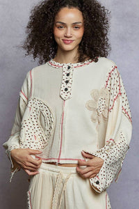 Pol - Crew Neck Peace Patch Floral Knit Top