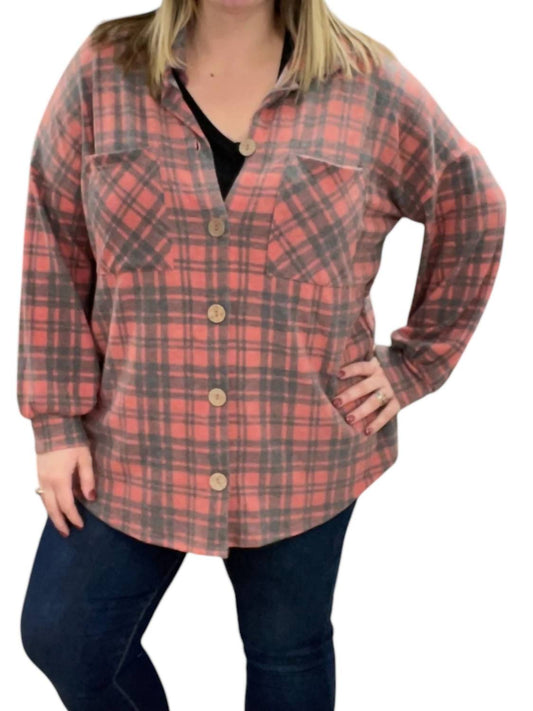 Honeyme - Buffalo Plaid Fleece Button Shirt Jacket