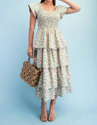 Gigio - Floral Tiered Elastic Waist Midi Dress