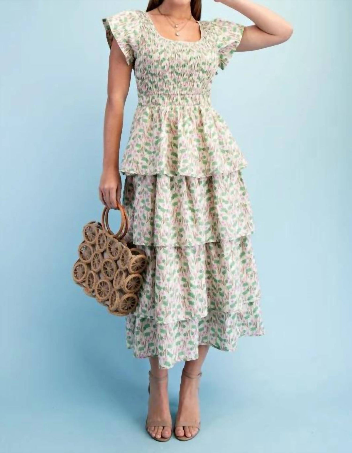 Gigio - Floral Tiered Elastic Waist Midi Dress