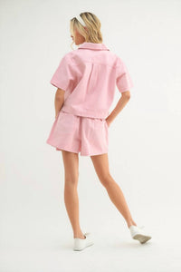 WISHLIST Collared Denim Top with Pockets in bubblegum pink - women's blouse - detail view