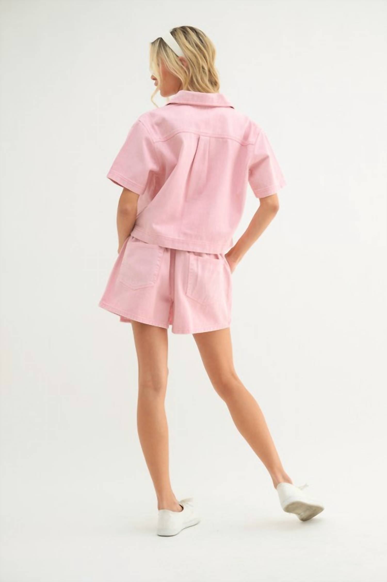 WISHLIST Collared Denim Top with Pockets in bubblegum pink - women's blouse - detail view
