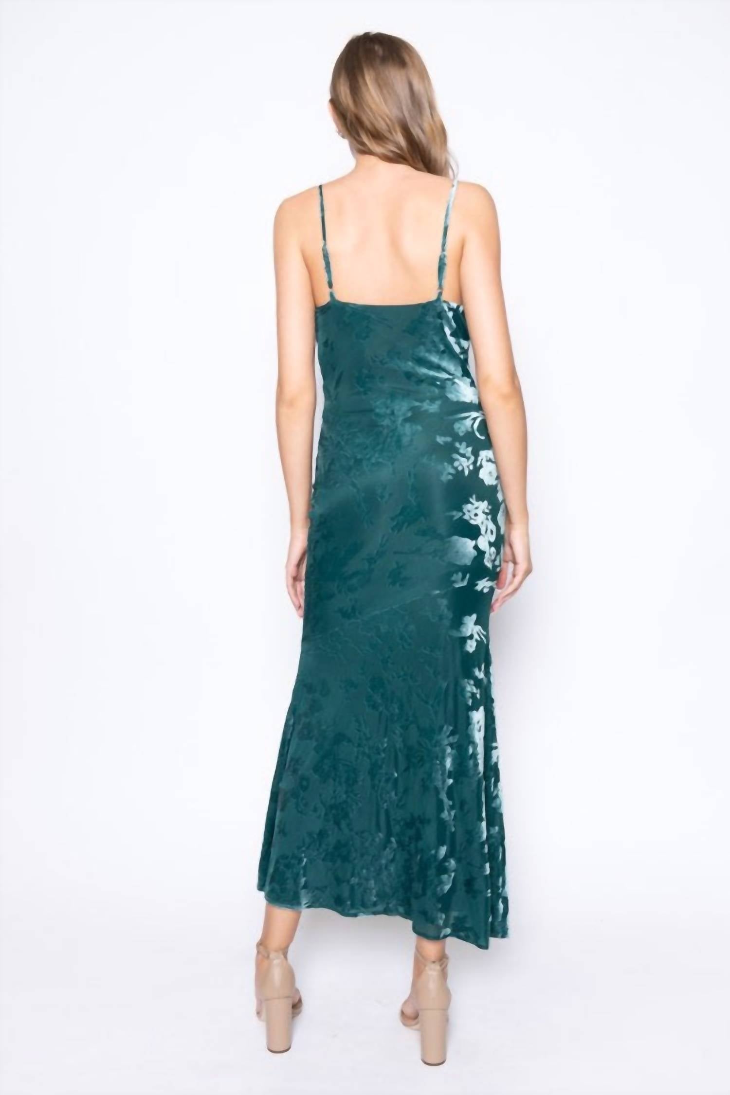 Fore Collection Autumn Burn Out Velvet Maxi Bias Cut Mesh Cowl Neck Dress in teal - women's dress - alternate view